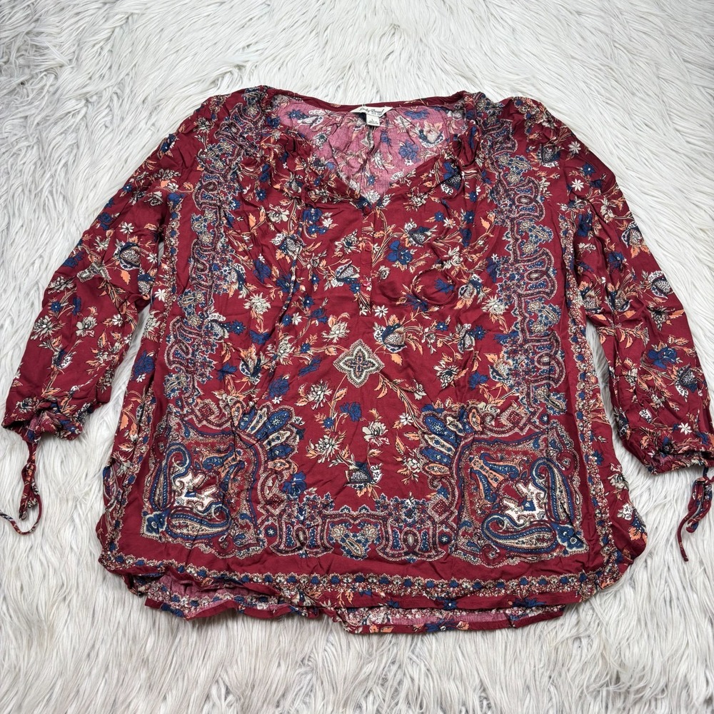 Lucky Brand Women's L Red Floral Peasant‎ Top Tie Neck 3/4 Sleeve Boho Americana